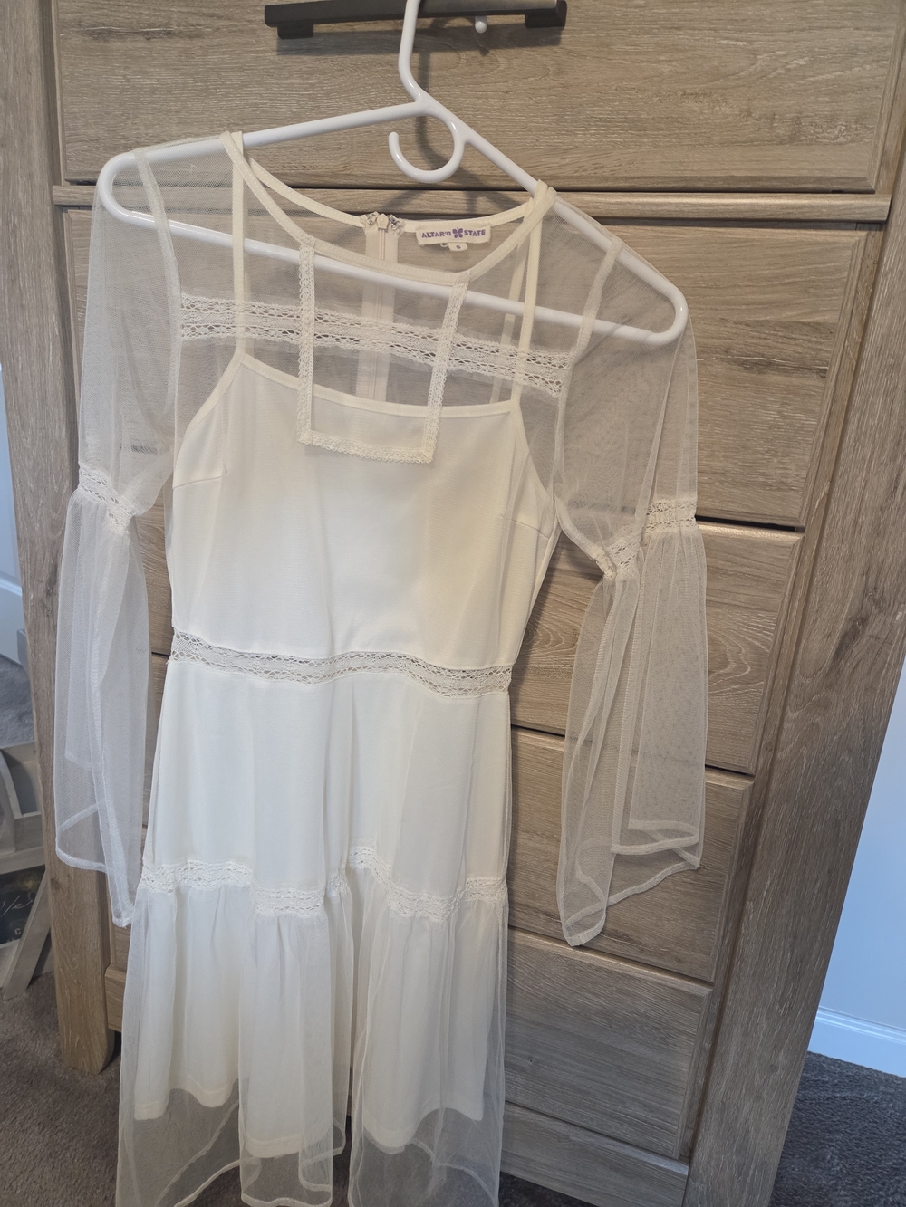 Altar'd State White Sheer Lace-Trim Midi Dress with Mesh Sleeves